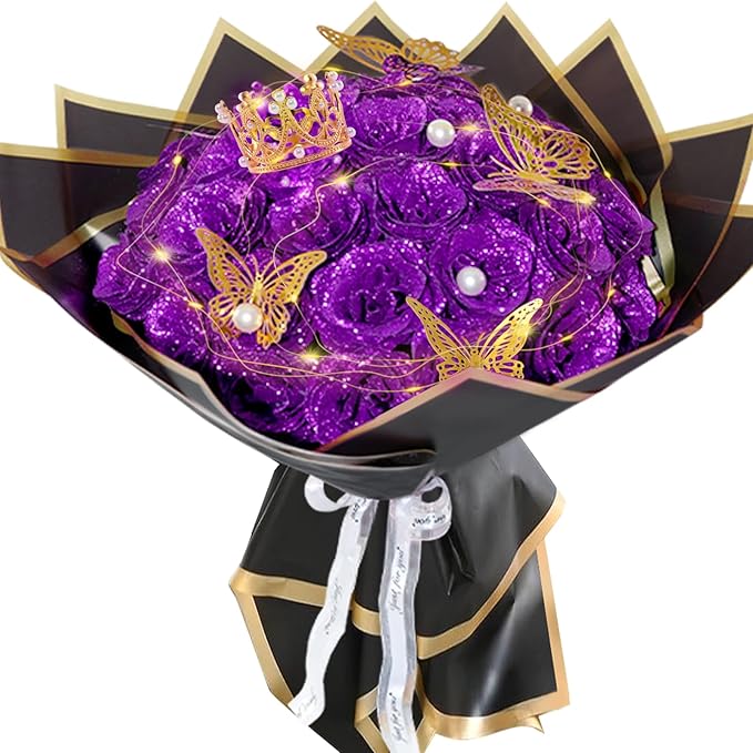 Purple Glitter Roses Bouquet, 36 Pcs Shiny Glitter Flowers Bouquet, Everlasting DIY Artificial Roses Bouquet for Christmas, Birthday, Anniversary, Wedding, Engagement,Mothers Day,Gifts