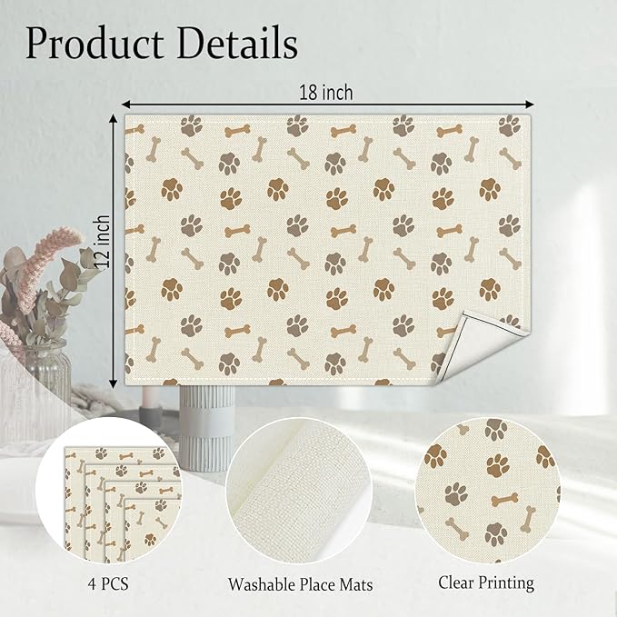 Puppy Themed Placemats Set of 4, Dog Paw Print Table Mat for Home Kitchen, Restaurants, Outdoor Linen Washable Place Mats 12x18 inch Party Event Dining Decoration-09