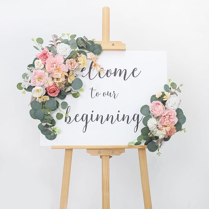 2pcs Wedding Arch Flowers,Wedding Artificial Sign Flower,Welcome Easel Door Decor Wall swags for Reception Backdrop Table Decorations Welcome Sign (Deep Pink)