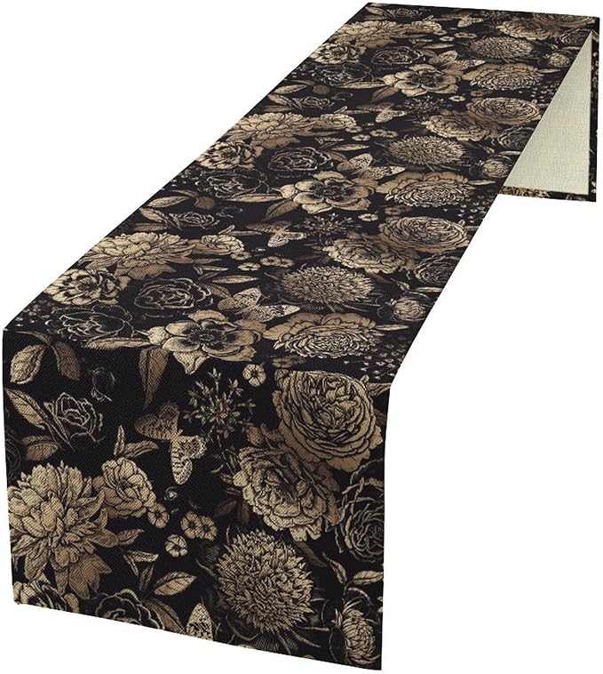 Gold Black Floral Table Runner, Vintage Peony Flower Blossom Butterfly Rustic Plant Leaves Gothic Dark Floral Table Runner for Farmhouse Cottage Kitchen Dining Table Decor, 13x36inch
