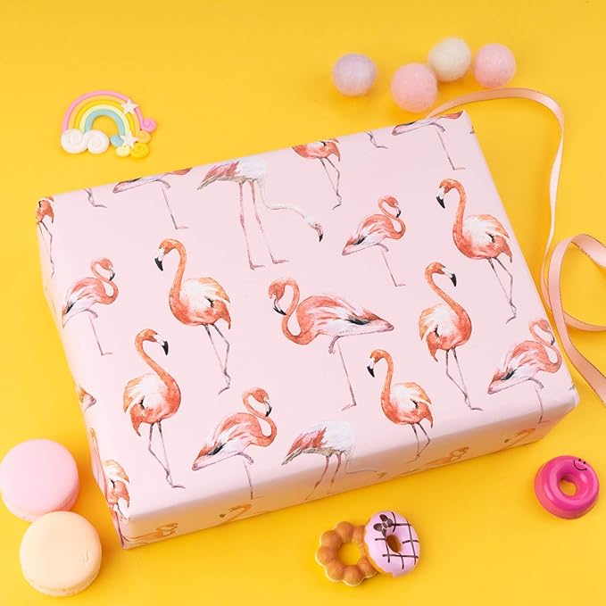 WRAPAHOLIC 30 Inch Flamingo Wrapping Paper Roll - 30 Inch x 33 Feet - Pink Flamingo Summer Wrapping Paper for Kids Girls Women Birthday, Wedding, Baby Shower, Bridal Shower