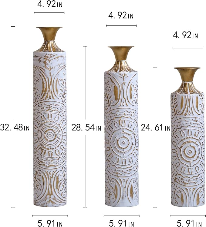 Floor Vases, Tall Home Decor Metal Vase Set of 3 Large Glazed Decorative Vases for Wedding Decor, Elegant Modern Flower Holder for Living Room, Entryway, Hallway, Dining Room