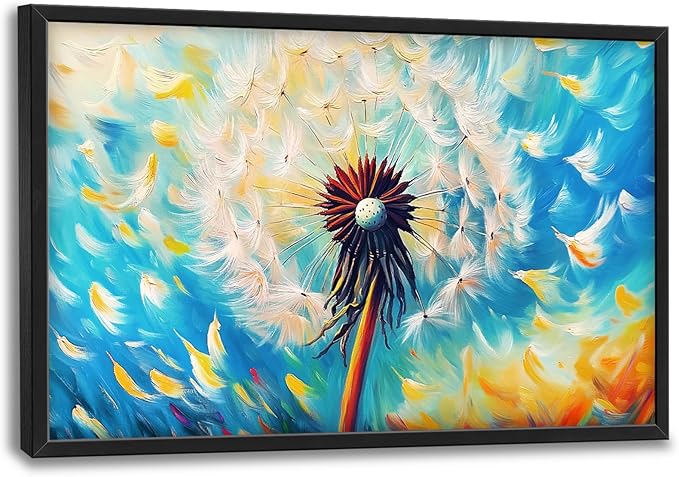 Extra Large Abstract Dandelion Framed Wall Art for Living Room,Oversized Colorful Dandelion Flower Pictures Wall Decor,Blue Canvas Print Painting Modern Artwork Bedroom Office Bathroom 36L x 24W