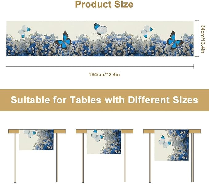 Butterfly Floral Table Runner, Blue White Hydrangea Flowers Bloom Spring Garden Theme Table Runner for Kitchen Dining Holiday Party Wedding, 13x70 Inch