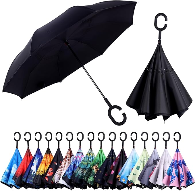 Inverted Umbrella, 49 Inch Double-Layer Vented Reverse Umbrella, Windproof Waterproof UV Protection, Lightweight C-Handle, Fiberglass Ribs, Steel Shaft, Travel/Commute/Car Use, With Sleeve