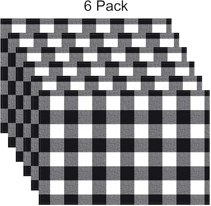 Aneco 6 Pack Buffalo Plaid Placemats Place Mats PVC Plastic Check Black and White Placemat Table Mats 12 x 18 Inches Decorative Kitchen Table Placemats, Black and White