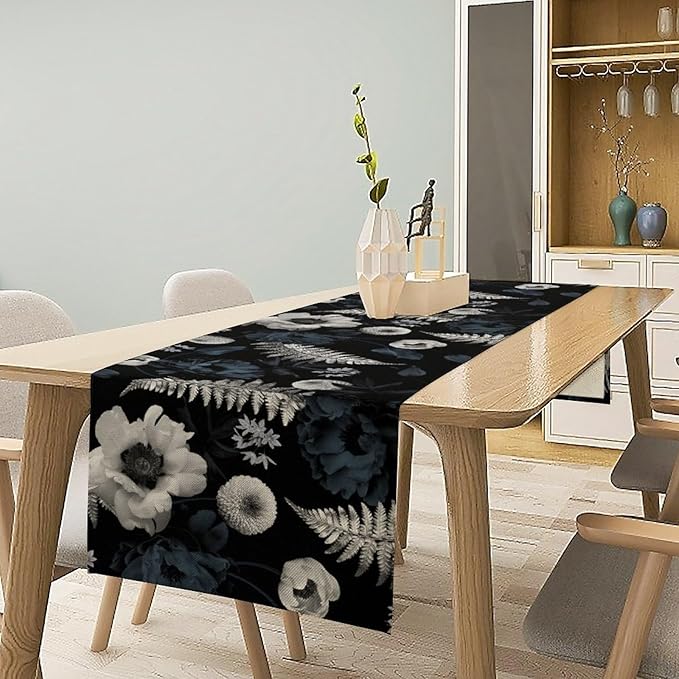 Vintage Floral Table Runner,Gothic Blue White Retro Floral Plant Print Table Runner for Home Kitchen Table Dining Indoor Outdoor Party Decor 13x70 Inch