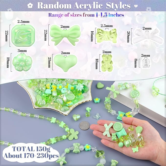Assorted 200-260PCS Green Acrylic Beads for Bracelet Making, Flower Bow Candy GummyBear Bracelet Charms,Cute Beads for Jewelry Making DIY Necklace Keychain Phone Charm Christmas Gift