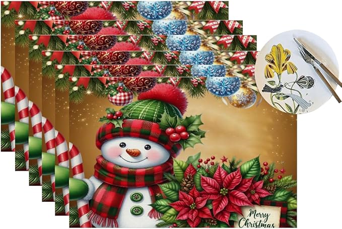 PVC Placemats Set of 6 Wipeable Table Mats Washable Heat Resistant Non Slip Vinyl Dining Table Mat for Kitchen Indoor Outdoor Patio Farmhouse Place Mats Christmas Ball Poinsettia Snowman Decorative