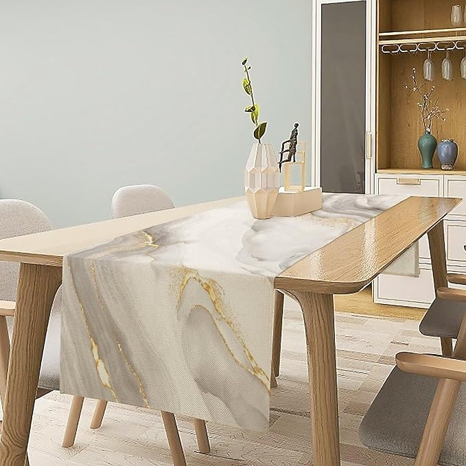 White Grey Marble Table Runner Abstract Modern Luxury Ink Texture Gold Veins Dinner Runner Table Decoration for Home Kitchen Dining Holiday Party 13x60in