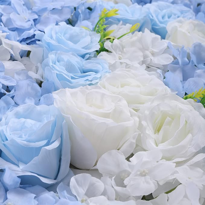 4pcs 3D Artificial Flower Wall Panels - Blue White Backdrop 24 x 16 Inch - Realistic Fake Flower Background Decor for Wedding, Birthday Party and Baby Shower