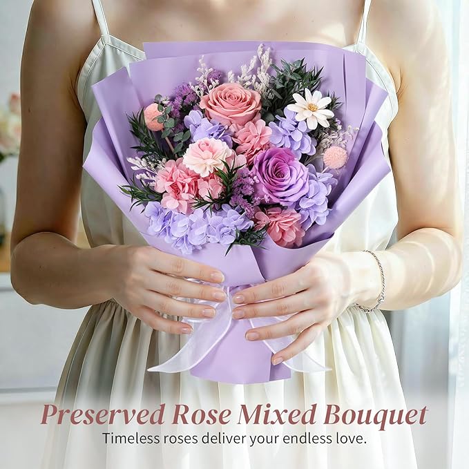 Lewondr Flower for Delivery, Preserved Flowers Bouquet, Purple Rose Bouquet, Real Long-Lasting Forever Birthday Flowers Gifts for Mom Grandma Wife Women Mothers Day Anniversary Christmas, Pink-Purple