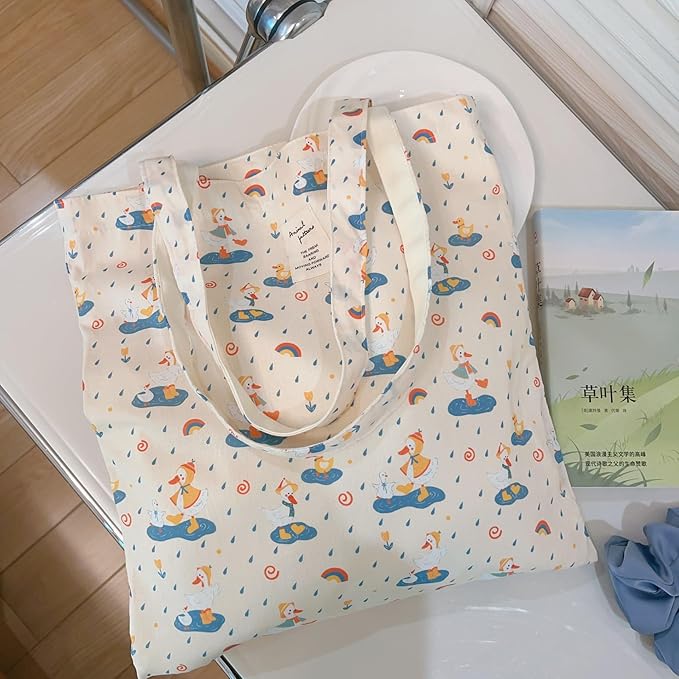 Cotton Canvas Tote Bag Reusable Soft Grocery Cloth Bag Floral Shoulder Bag for Beach Travel Shopping