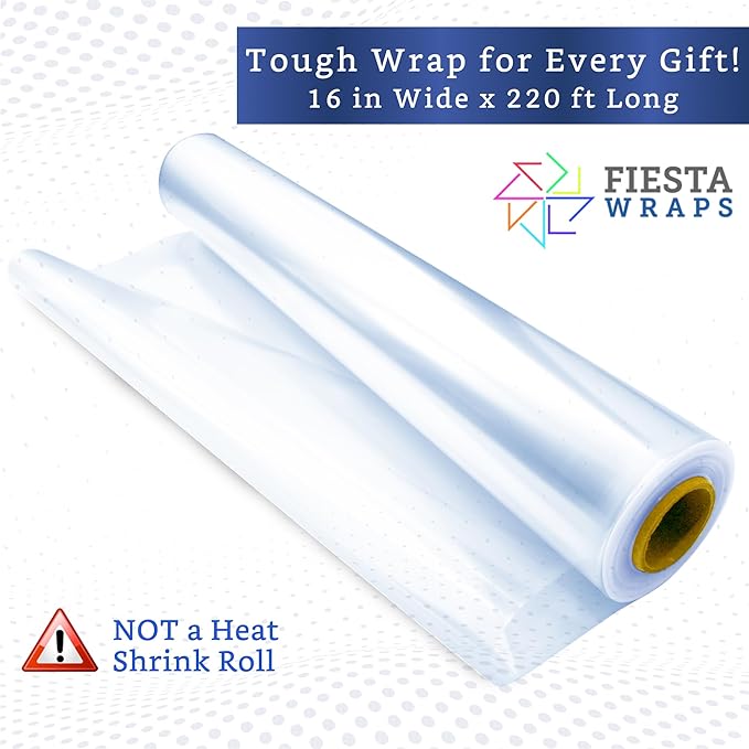 FIESTA WRAPS Clear Cellophane Wrap Roll (16 in x 220 ft) - Cellophane Roll - Clear Wrapping Paper to Wrap Gift Baskets - Gift Basket Wrapping Supplies - Papel Celofan