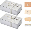LIFELUM Large Gift Boxes with Lids, 2 Pack 13.8 x 8.3 x 4.4 inch Silver Gift Boxes with Ribbon, Card, Shredded Paper Filler for Presents, Graduation, Christmas, Birthdays