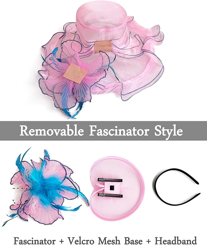 Organza Derby Hats for Women Wide Brim Fascinator Hat Rose Flower Wedding Tea Party Hat