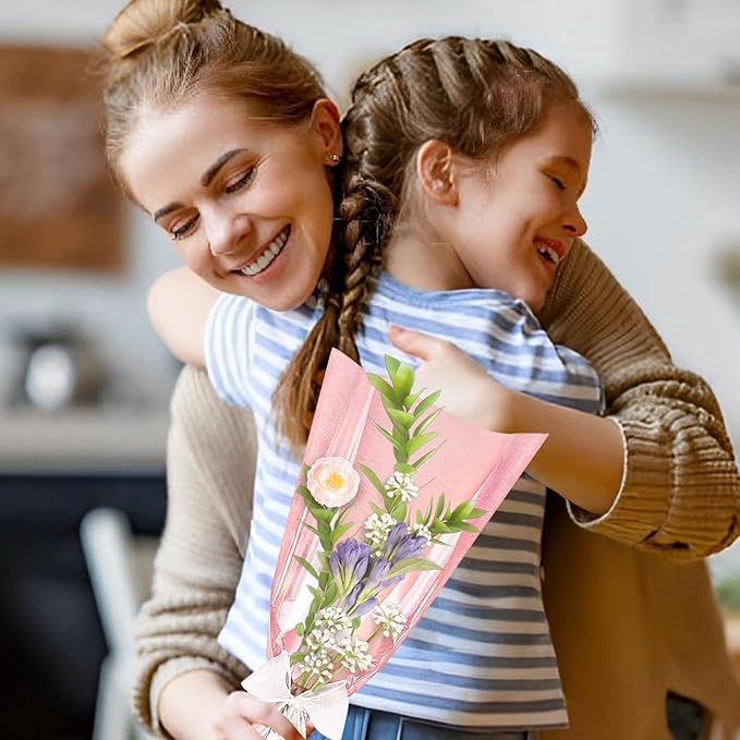 XABMU Pink Flower Bouquet Bags - 50 Pack Pink & Clear Floral Wrapping Sleeves for Wedding, Graduation, Mother’s Day Gifting & Florist Supplies