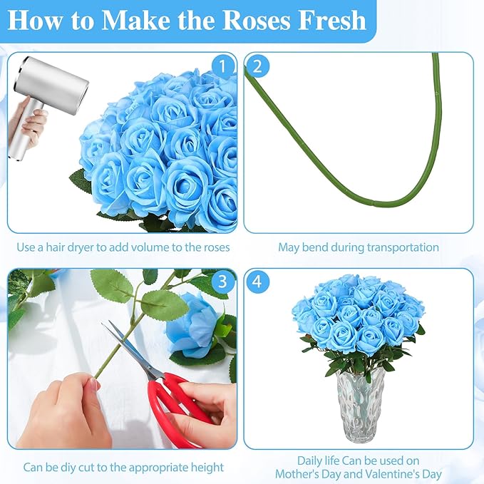 80 Pcs Roses Artificial Flowers, Silk Sky Blue Artificial Flowers Petals Long Stem Roses for Wedding Bouquet Home Party Decor