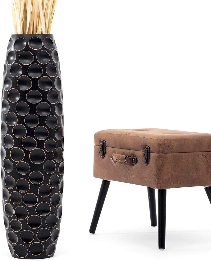 Leewadee Large Black Home Decor Floor Vase - Wooden 34 inch Tall Farmhouse Decor Flower Holder for Fake Plant and Pampas Grass