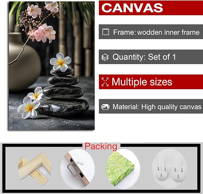 A harmonious black stone stack paired with white and pink flowers bamboo and ceramic vases creates a tranquil Zen decor for minimalist homes and mindful spaces 24x36in Wood Framed