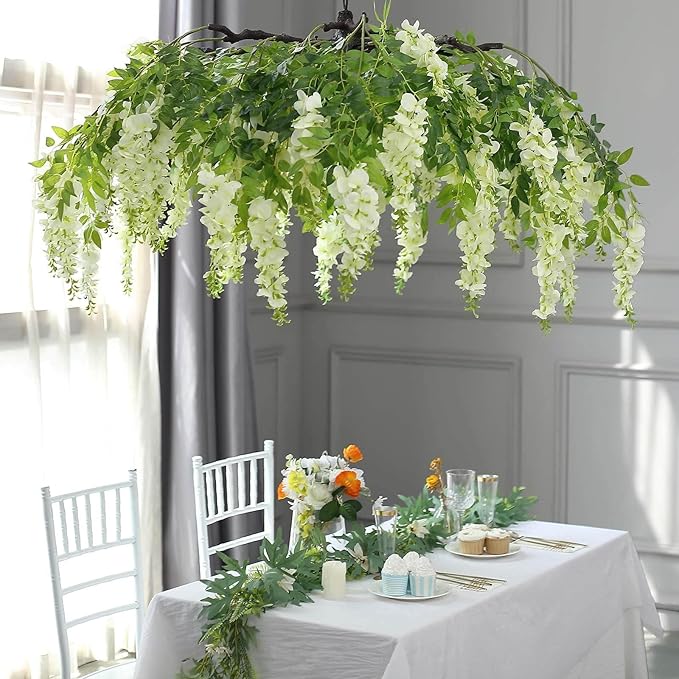 Efavormart 55" Cream Artificial Silk Wisteria Vine Round Hanging Canopy, Draping Garland Flower Chandelier with Interchangeable Branches