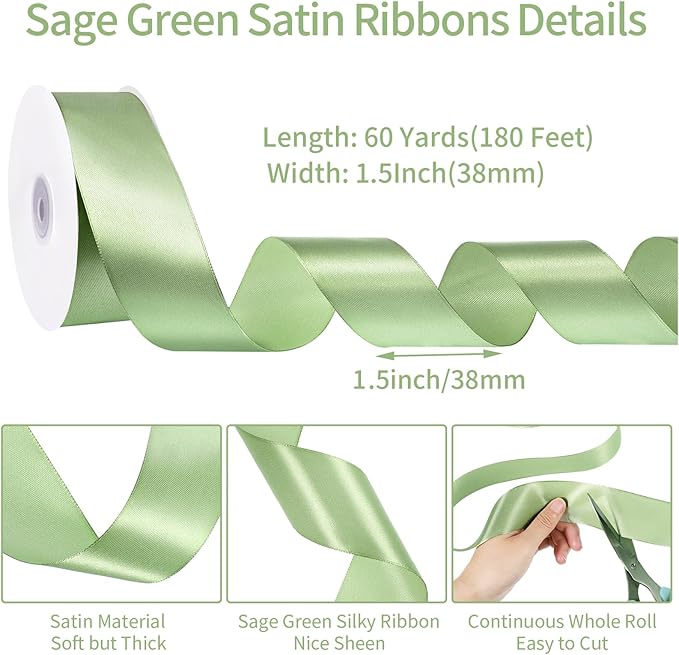 Sage Green Ribbon 1 1/2 Inch 60 Yards Light Green Satin Ribbon Gift Ribbons for Wedding Bridal Shower DIY Crafts Flower Bouquet Birthday Gifts Baskets Decorations