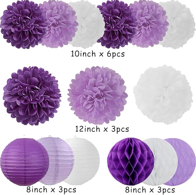 Purple White Paper Flowers Tissue Pom Poms Honeycomb Lanterns 15pcs Party Decorations for Birthday Lavender Baby Shower Wedding Mom Bridal Lilac Retirement Graduation Hanging Decor Mprocherify