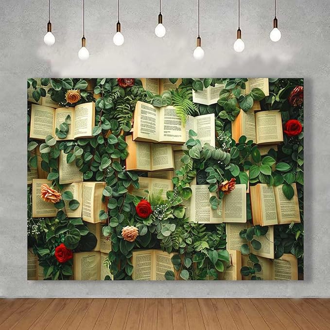 10x8FT Book Flowers Photo Backdrop Vintage Books Page Red Rose Flowers Weeding Background for Birthday Wedding Party Portrait Decoration Supplies Photo Booth Props KUBDJ1002