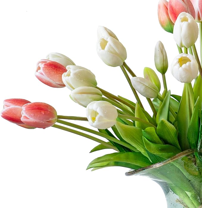 40pcs Artificial Tulips Flowers, Real Touch Latex Bouquet, Fake Tulips for Office Wedding Party Home Kitchen Garden Decoration-B Coral Pink Suit