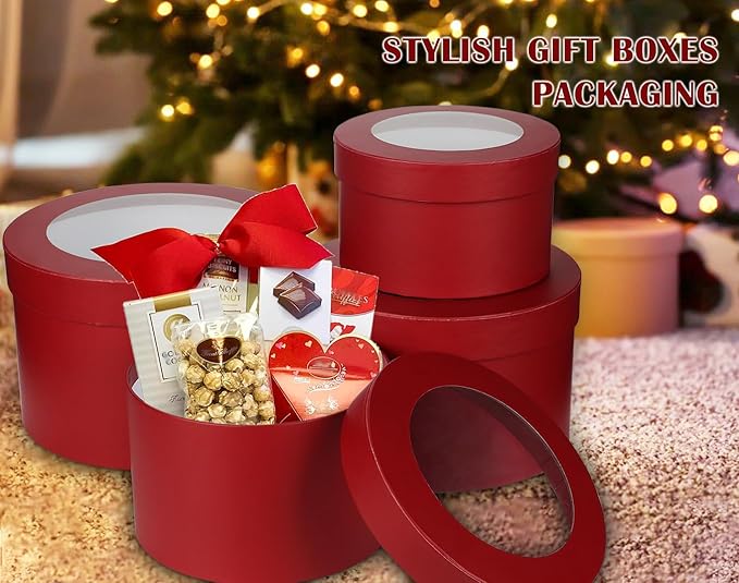 Flower Boxes for Arrangements Nesting Round Gift Boxes with Clear Lids Red Round Boxes for Flowers Set of 4 Assorted Sizes Flower Boxes for Flower Arrangements, Valentine's Day, Mother's Day,