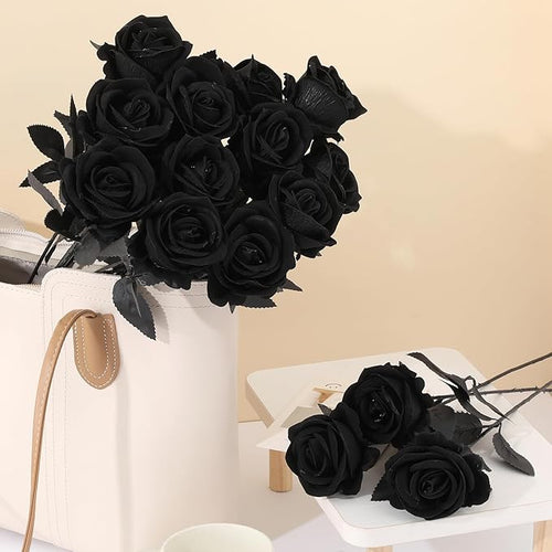 12Pcs Black Roses Artificial Flowers Fake Rose Faux Velvet Silk Flowers for Home Wedding Decoration (Pearl Roses, Pure Black)