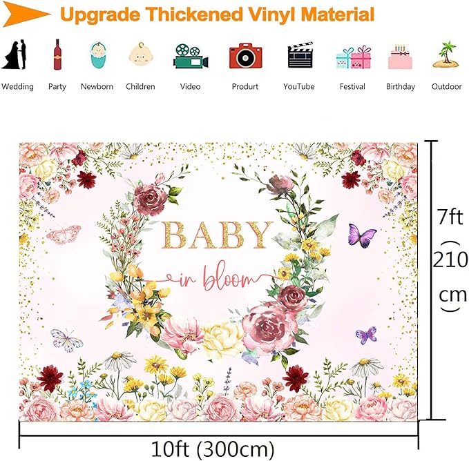 InMemory Baby in Bloom Backdrop Wildflower Baby Shower Decorations for Girl,Pink Wildflowers Baby in Bloom Baby Shower Banner Background Wild Floral BabyShower Party Supplies Photo Shoot Props 10x7ft