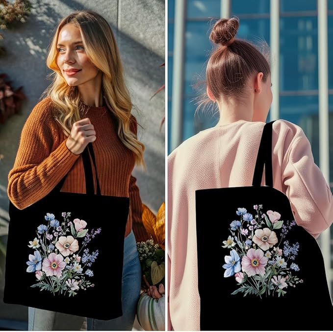 Decohim Floral Butterfly Canvas Tote Bag Boho Canvas Bag with Pocket for Work Office Women Girl Christmas Birthday Gifts
