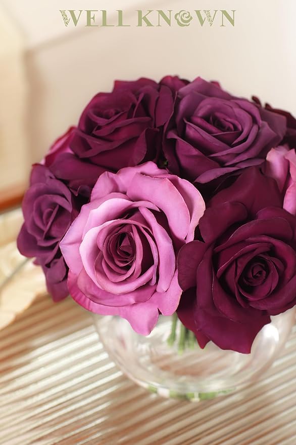WELL KNOWN Silk Purple and Pink Roses Bouquet in Vase, Artificial Fake Flowers Arrangements in Glass Vase with Faux Water for Home Office Hotel Birthday Wedding Party Table Decoration & Mom's Gift