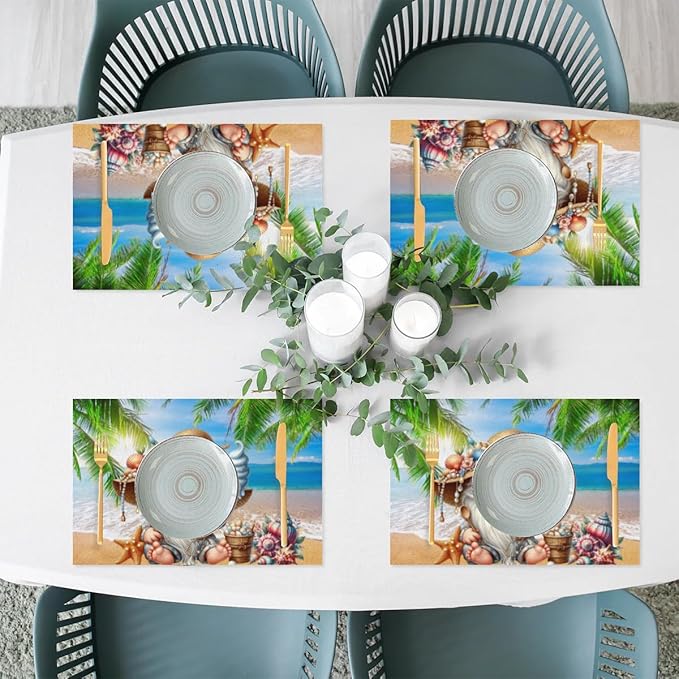 PVC Placemats Set of 6 Summer Gnomes Cute Wipeable Table Mats Washable Heat Resistant Non Slip Vinyl Dining Table Mat for Kithen Indoor Outdoor Patio Farmhouse Place Mats Decorative