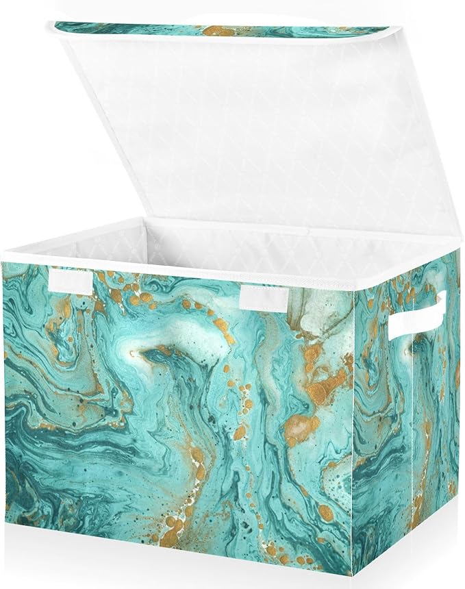 Senya Collapsible Storage Bins with Lids, Golden and Turquoise Marble Teal Storage Boxes for Organizing