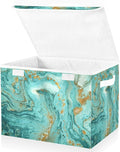 Senya Collapsible Storage Bins with Lids, Golden and Turquoise Marble Teal Storage Boxes for Organizing