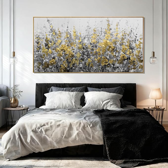Framed Golden Floral Canvas Wall Art Large 29x58 Inch Grey and Gold Abstract Painting Textured Modern Flower Artwork for Above Couch Living Room Bedroom Home Decor