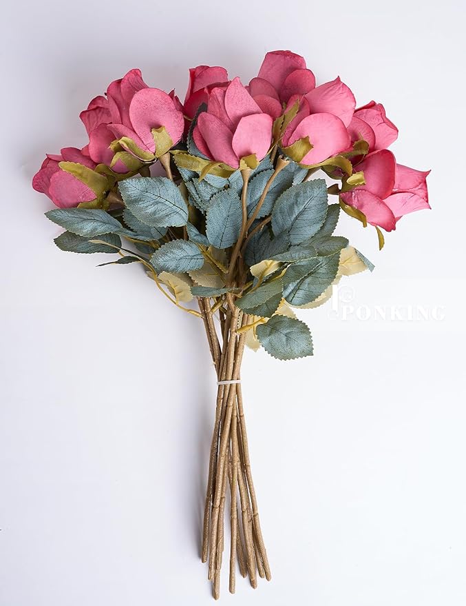 Red Rose Artificial Flower Buds 12pcs Realistic Faux Silk Roses Fake Flowers Bouquets Arrangements Decor for Wedding Spring Mother's Day, Home Table Decorations, Dark Magenta Flower