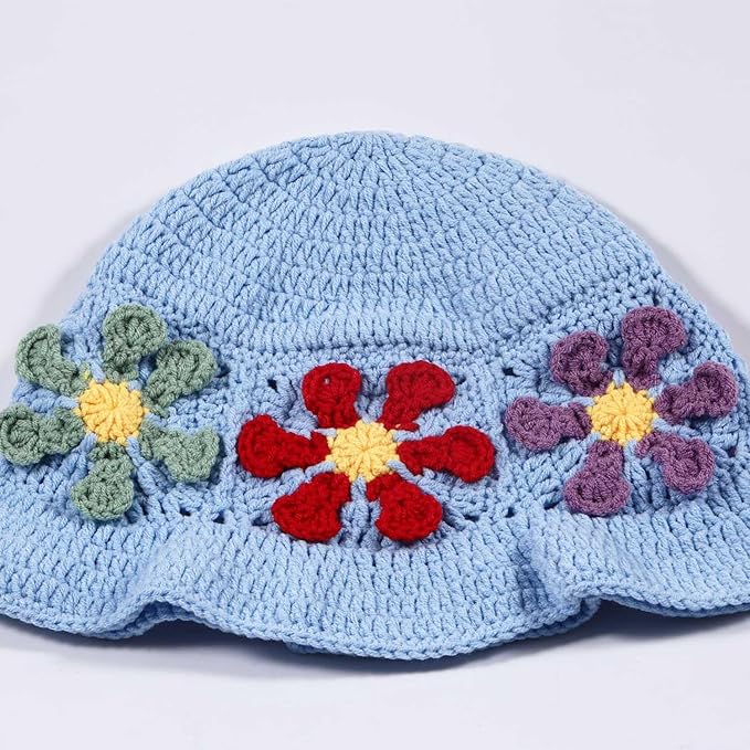 Crochet Bucket Hat for Women Flower Knit Hat Hollow Out Foldable Cap Hats