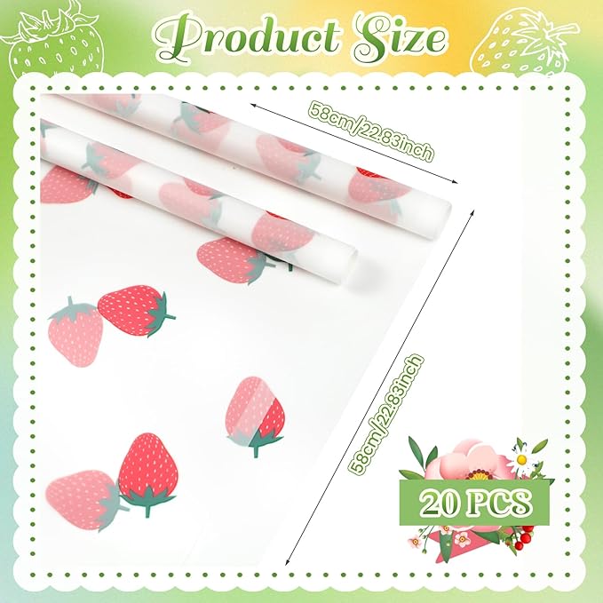 Liobelon 20 Sheets Flower Wrapping Paper Waterproof Bouquet Paper with Strawberry Pattern White Gift Wrapping Paper for Flower Shop, Wedding, Birthday Party, Handmade DIY, Anniversary 22.8 x 22.8Inch