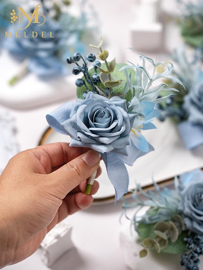 Meldel Dusty Blue Rose Boutonniere for Men,Set of 6,Groomsmen Groom Boutonnieres for Wedding Corsage Ceremony Anniversary, Formal Dinner Party, Fall Vintage Rustic Marriage Prom Flower
