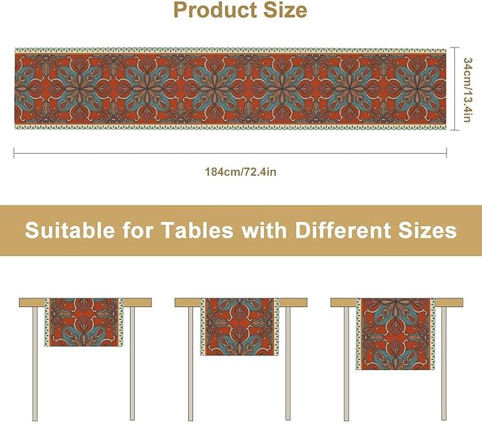 Boho Floral Table Runner, Burnt Orange Blue Traditional Ethnic Flower Vintage Farmhouse Table Runner for Kitchen Dining Wedding Party Decor, 13x120 Inch