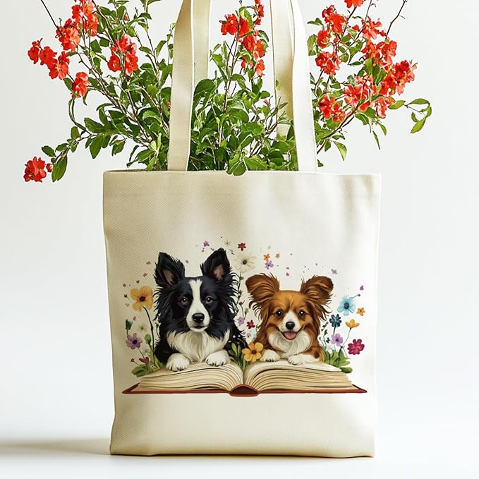 ANATTASOUL Canvas Tote Bag Cute Dog and Flowers Reusable Cotton Bag for Women, Durable Cloth Shoulder Bags with Zipper Pockets for Shopping, Vacation, Work, Gym