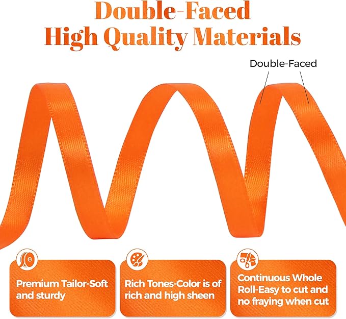 Orange Satin Ribbon, Double Faced 1/4 Inch X 50 Yards Orange Ribbon, Premium Satin Ribbon for Gift Wrapping, Crafts, Hair Bow Making, Sewing, Flower Bouquet, Wedding Party Decor