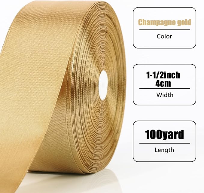 NESCCI 100 Yards Ribbon,1-1/2 Inch Champagne Gold Satin Ribbon,Single Face Satin Ribbons,Perfect for Gift Wrapping,Wedding Decoration,Handmade Bows, Wrapping Bouquet and More