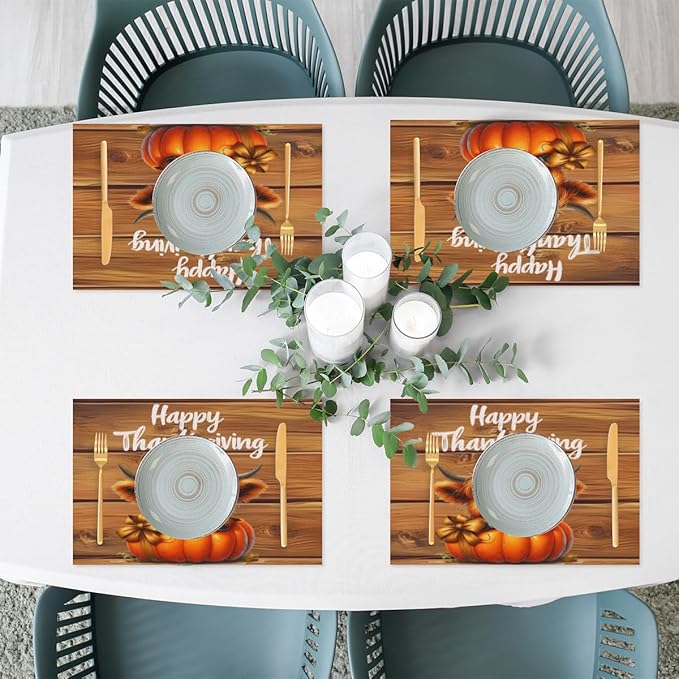 Thanksgiving Pumpkin Highland Cow Placemats Set of 6 PVC Vinyl Non Slip Table Mats Heat Resistant Place Mats Washable Wipeable Dining Table Mat for Kitchen Decor Party Indoor Outdoor Decorative Gift