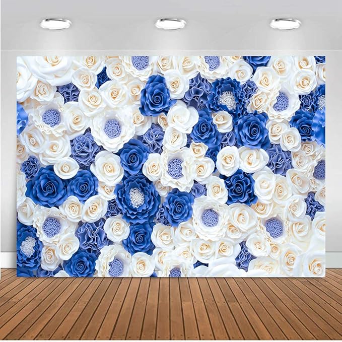 7X5FT Blue White Fowers Photo Backdrop Anniversary Celebration Couple Studio Props Photography Backdrops Wedding Background Newborn Shower Banner Birthday Party Props DH-87