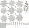 RECUTMS 66 Pcs 3 Styles White Christmas Ornaments Christmas Glitter Poinsettia Flowers Artificial Christmas Tree Flower Decorations Wedding Wreath Floral Decorations(White)