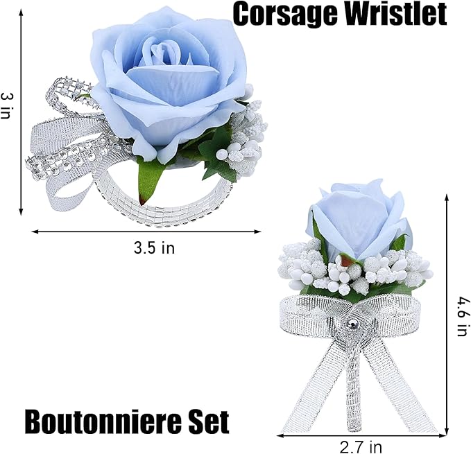 2Pcs Light Blue Rose Corsage and Boutonniere Set, Artificial Wrist Corsage Wristlet Bracelets, Men Boutonniere for Wedding Party Homecoming Formal Dinner Flowers Accessories Prom Suit Decor